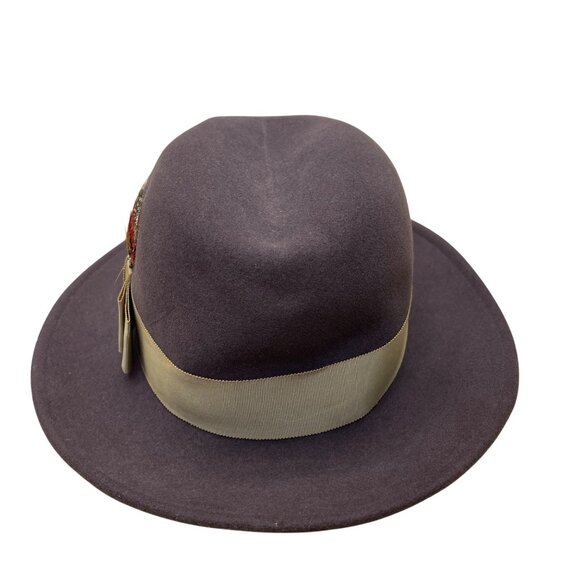 Adolfo Realites Purple Wool Fedora Hat With Beige Ribbon Bow Feather Accent - Picture 6 of 12
